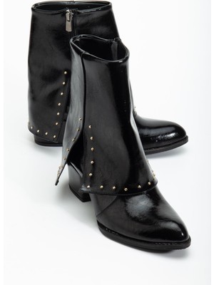 Shemard Kadın Sivri Burun Siyah Parlak Detaylı Topuklu Bot