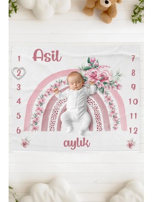 Lilabio %100 Pamuk Isme Özel Bebek Fotoğraf Çekim Anı Örtüsü (120X100 Cm) Çiçek Kuşağı