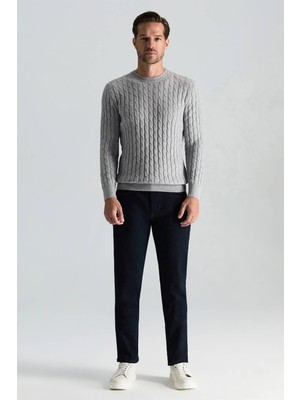 Hemington Lambswool Yün Saç Örgülü Bisiklet Yaka Açık Gri Kazak