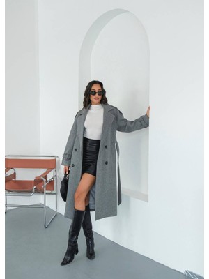 ARV Moda Kuşaklı Cepli Diz Boyu Uzun Kaşe Kışlık Kadın Kaban