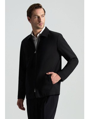 Hemington Italyan Yün Karışım Fermuar Detaylı Siyah Spor Ceket