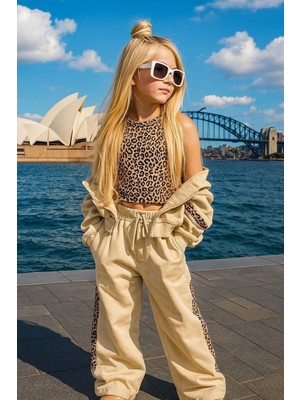 Riccotarz Kız Çocuk Leopar Baskılı Kolsuz Badi Leopar Şerit Detaylı Ceket Krem Eşofman Takım