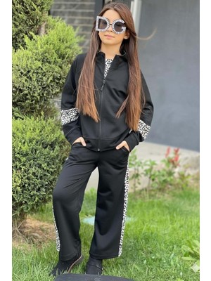 Riccotarz Kız Çocuk Leopar Baskılı Kolsuz Badi Leopar Şerit Detaylı Ceket Siyah Eşofman Takım