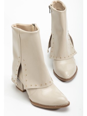 Shemard Kadın Sivri Burun Bej Parlak Detaylı Topuklu Bot