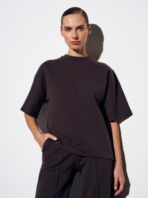 Dilvin 31975 Kısa Kollu Oversize T-Shirt-Koyu Kahve