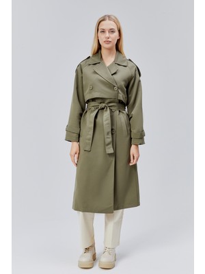 Bolivente Koyu Haki Kruvaze Kapama Rüzgarlık Detaylı Trençkot 44956