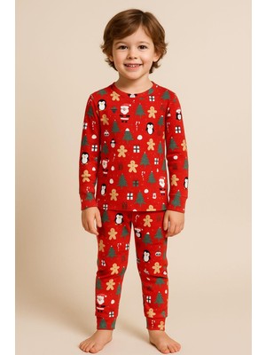 Çocuk Yılbaşı Temalı Pijama Takımı Kırmızı