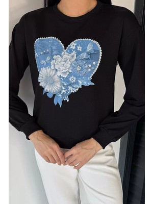 Gülseli Kadın Bisiklet Yaka Baskılı Taş Işlemeli Sweatshirt P-00018829