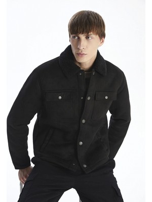 LC Waikiki Xsıde Siyah Standart Kalıp Gömlek Yaka Süet Erkek Mont