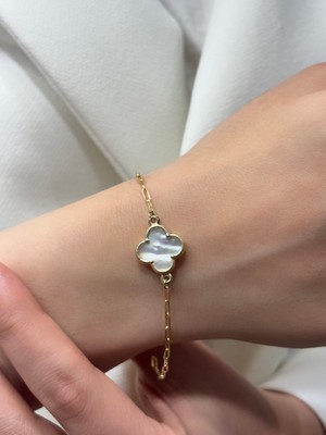 14 Ayar Altın Beyaz Sedefli Yonca Ataç Bileklik