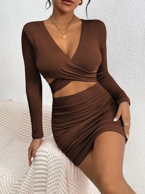 Arben Boutique Kadın Uzun Kollu Çapraz Dekolte Detaylı Mini Sandy Elbise