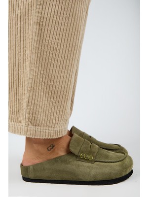 Manijero Ziva 2 Kadın Hakiki Deri Loafer Sabo Haki Terlik