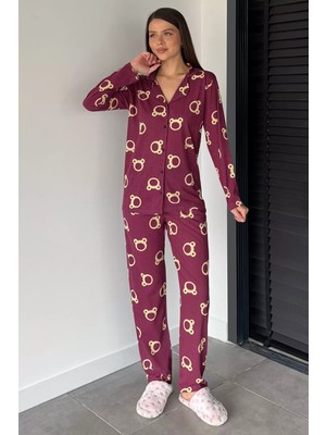 Gülseli Kadın Ön Boydan Düğmeli Baskılı Uzun Kol Pijama Takımı P-00018709
