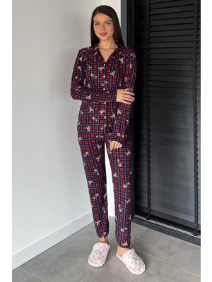 Gülseli Kadın Ön Düğmeli Uzun Kol Ekose Desenli Pijama Takımı P-00018752