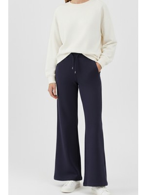 elemge Pamuklu Kadın Eşofman Altı Yüksek Bel Lacivert Flare Fit Geniş Paça Ipli Cepli Esnek Yumuşak Likra