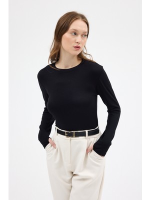 Rays Siyah Premium/Viskoz Yumuşak Kumaşlı Parmak Geçmeli Crop Bluz 8162A