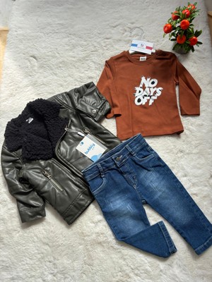 Nurcan Bebe Deri  Montlu Kot Pantolonlu 3 Lü Takım