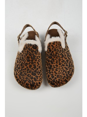 No Miento Lapaz Kürklü Kadın Vegan Deri Tokalı Leopar Sabo Terlik