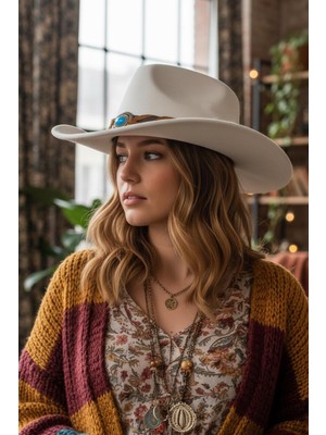 Külah Deri Şeritli Turkuaz Taşlı Beyaz Bohem Kovboy Şapka