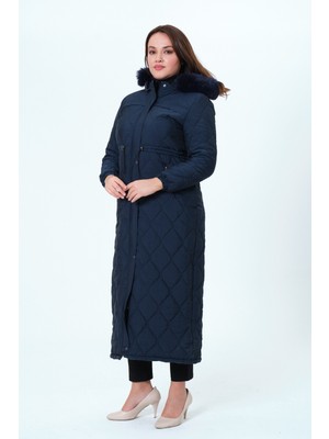 Deste Kadın Büyük Beden Astarlı Tam Boy Kapüşonlu Kapitone Mont