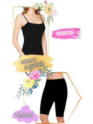 Tutku Kadın Ribana Ip Askılı Atlet ve Diz Boy Kısa Tayt Takım 6'lı Set (12 Parça) TKD0135 - TKD0156