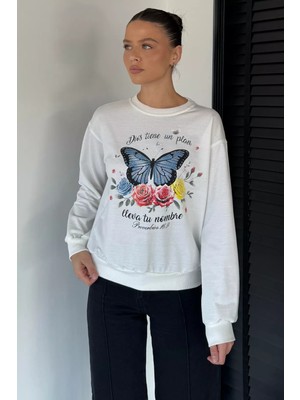 Gülseli Kadın Bisiklet Yaka Kelebek Baskılı Taş Işlemeli Sweatshirt P-00018830