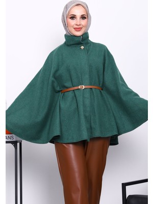 İmaj Butik Zümrüt Yeşili Hakim Yaka Bel Kemerli Panço