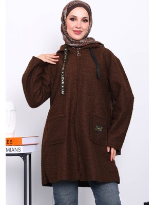 İmaj Butik Kahverengi Kapşonlu Cepli Buklet Kaban