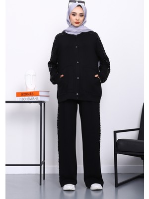 İmaj Butik Siyah Pul Payetli Tunik Pantolonlu Takım