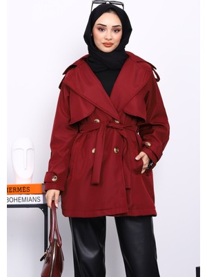 İmaj Butik Bordo Kruvaze Yaka Astarlı Trençkot