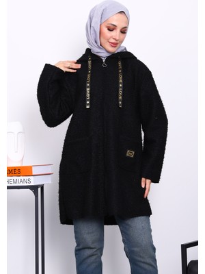 İmaj Butik Siyah Kapşonlu Cepli Buklet Kaban