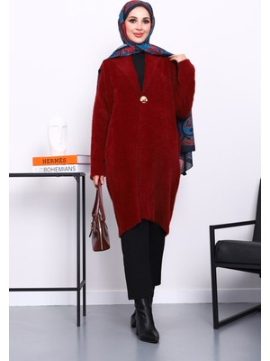 İmaj Butik Bordo Tek Düğmeli Angora Yumoş Triko Hırka