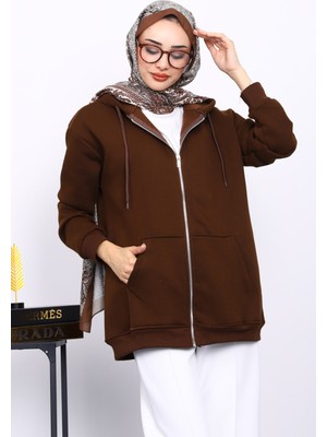 İmaj Butik Kahverengi Cepli Fermuarlı Üç İplik Şardonlu Hırka