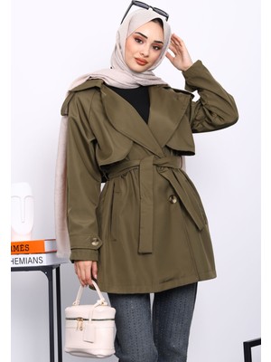 İmaj Butik Haki Kruvaze Yaka Astarlı Trençkot