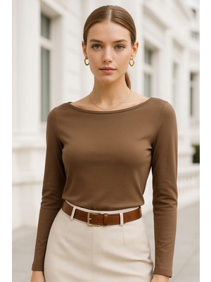 Rich Kadın Kahverengi Kayık Yaka Uzun Kollu Bluz