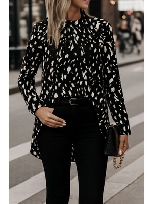 Arben Boutique Kadın Uzun Kollu Yarı Balıkçı Yaka Desenli Dokuma Bluz