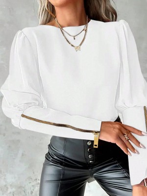 Nidam Butik Kadın Uzun Kollu Bisiklet Yaka Fermuar Detaylı Ithal Krep Bluz