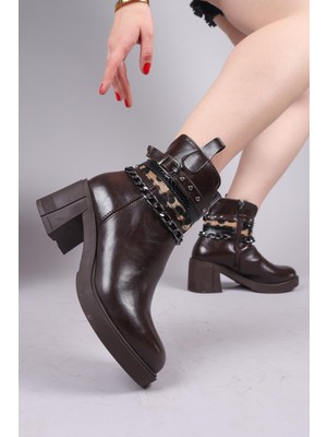 Birikon CLARK Leopar Desenli Aksesuarlı Topuklu Bot KAHVERENGİ