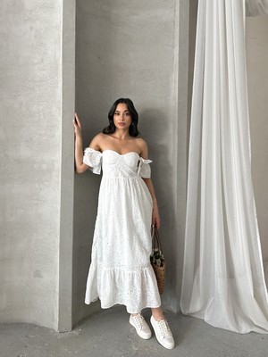 Castivo Fashion Bella Brode Omzu Açık Volan Kol Midi Elbise