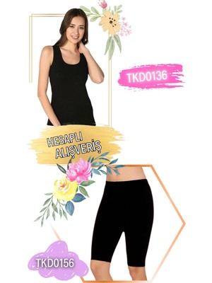 Tutku Kadın Ribana Geniş Askılı Atlet ve Diz Boy Kısa Tayt Takım 6'lı Set (12 Parça) TKD0136 - TKD0156
