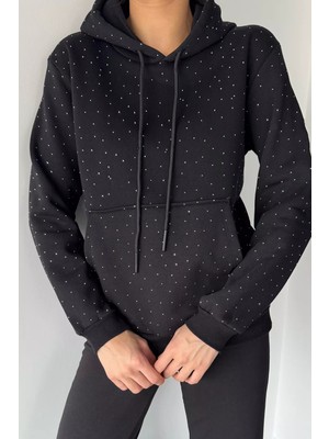 Gülseli Kadın Şardonlu Kanguru Cepli Kapüşonlu Taş Işlemeli Sweatshirt P-00018806