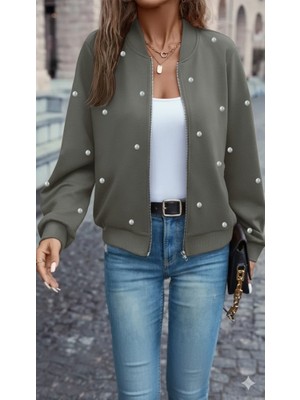 Miracotton Kadın Uzun Kollu Önden Fermuarlı Incili Kısa Modal Ceket