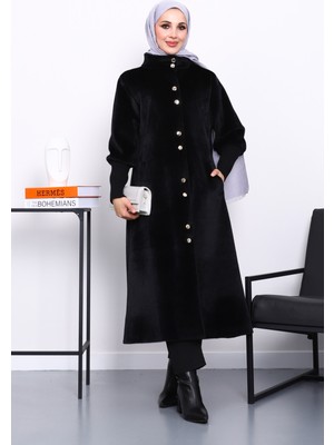 İmaj Butik Siyah Düğmeli Angora Kaban
