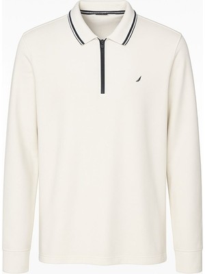 CGA Erkek Beyaz Yarım Fermuarlı Modal Kumaş Polo Yaka Sweatshirt