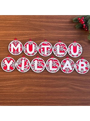 Timion 11 Harfli Kırmızı Beyaz Ipli Mutlu Yıllar Yazılı Ahşap Yılbaşı Ağaç Süsü (5148)