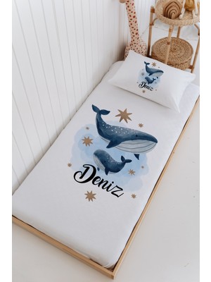 Lilabio Isme Özel %100 Pamuk Bebek ve Çocuk Tek Kişilik 165 x 225 cm Pike Takımı-Balinalar