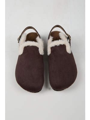 No Miento Lapaz Kürklü Kadın Vegan Deri Tokalı Kahverengi Sabo Terlik