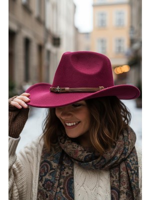 Külah Deri Kemer Detaylı Bordo Nubuk Kovboy Şapkası