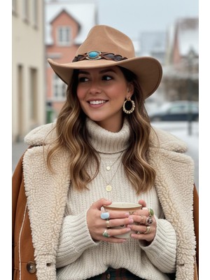 Külah Deri Şeritli Turkuaz Taşlı Camel Bohem Kovboy Şapka