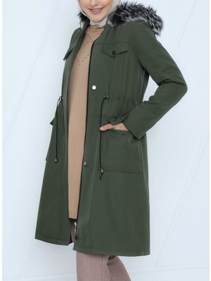 Alpaco Çıkma Kapşonlu Bağcıklı Bondit Kısa Kaban  -Haki -Collectıon